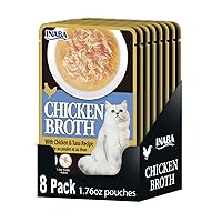 Inaba Chicken Broth, Shredded Chicken & Broth Side Dish/Topper for Cats with Vitamin E, 1.76 Ounce Pouch, 8 Pouches Total, Chicken and Tuna Recipe