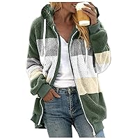 Womens Winter Coats Women Fashion Color Block Thicken Fleece Lined Coat Warm Hooded Zip Up Fuzzy Jacket with Pockets
