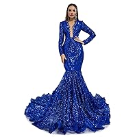 Womens Sexy Deep V Neck Prom Dress Mermaid Tulle Sequins Dresses Long Sleeve Evening Party Gown