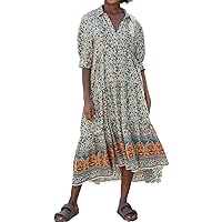 Boho Dresses for Women Floral Printed Short Sleeve Collared Buttons Casual Flowy Midi Dress with Pockets