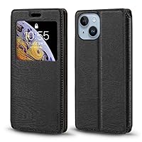 for iPhone 14 Case, Wood Grain Leather Case with Card Holder and Window, Magnetic Flip Cover for iPhone 14 (6.1”) Black