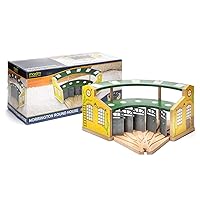 Wooden Train Round House with 5-Way Switch Track for Kids, Norrington Wood Train Shed with 5 Doors. Houses 5 Engines & Cars, Compatible with Major Brand Wooden Railways