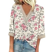 Womens Summer Tops Trendy Printed Graphic Tees Dressy Casual 3/4 Sleeve Shirts Sexy Lace V Neck Oversized T Shirts