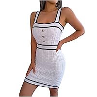 Women Trendy Color Block Square Neck Knit Bodycon Cami Dress Summer Button Sleeveless High Waist Mini Sheath Dresses
