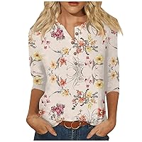 Women's 3/4 Sleeve Blouses Cute Flowers Print Graphic Tees Blouses Casual Plus Size Basic Tops Pullover Tees