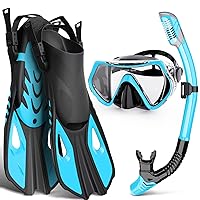 Mask Fin Snorkel Set, Snorkeling Gear for Adults with Panoramic View Mask, Dry Top Snorkel, Adjustable Swim Fins and Travel Bag, Man Woman Snorkel Gear for Swimming Snorkeling Diving