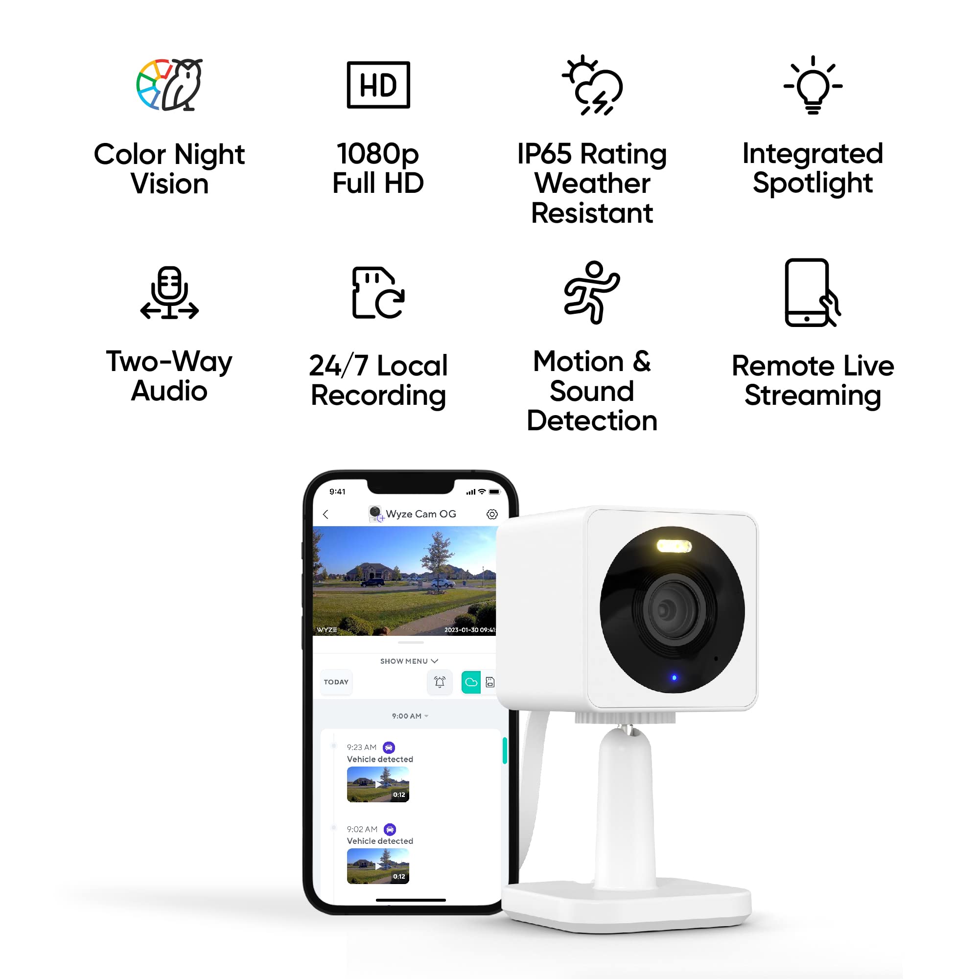WYZE Cam OG Indoor/Outdoor 1080p WI-Fi Smart Home Security Camera with Color Night Vision, Built-in Spotlight, Motion Detection, 2-Way Audio, Compatible with Alexa & Google Assistant, White (2-Pack)