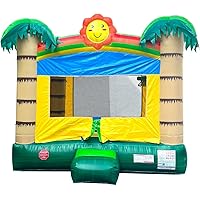 Crossover Tropical Jungle Smiley Face Inflatable Bounce House - 13 x 12 x 14.5 Foot - Big Inflatable Bouncer House Castle Unit for Kids - Outdoor Party Bounce House with Blower, Stakes, & Storage Bag