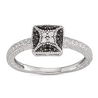 Mother's Day Gift For Her 1/10 Carat Total Weight (cttw) Sterling Silver, White and Black Diamond Square Ring for Women