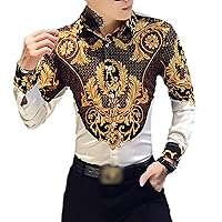 Casual Shirt Men's Party Shirt Paisley Black Gold Shirt Luxury Long Sleeve Printed Shirt Slim Fit