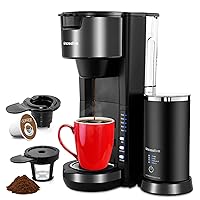 Single Serve Coffee Maker with Milk Frother, 2-In-1 Cappuccino Coffee Machine for K Cup Pod and Ground Coffee, Single Cup Brewer Compact Latte Maker with 30 oz Removable Tank, Black