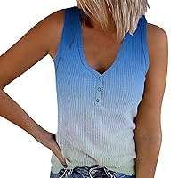 Womens V Neck Tank Tops Summer Ribbed Sleeveless Henley Shirts Casual Gradient Color Button Up Cami Knit Tees