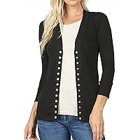 Women Snap Button Front V-Neck Button Down 3/4 Sleeve Ribbed Knit Cardigan (Black, 2X)