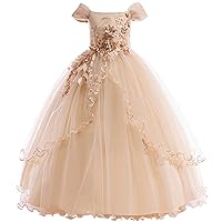 Weileenice Vintage Off The Shoulder Flower Girl Dress Lace Embroidery Little/Big Girls Wedding Bridesmaid Holiday Ballgown