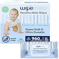 Sensitive Baby Wipes, Plastic-Free, Made With 99% Water, Premium Organic Plant-Based Baby Wipe, Unscented & Hypoallergenic for Baby's Skin, Sailor Stripes - 12 Flip-Top Packs (960 Count)