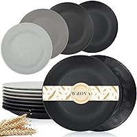 Wheat Straw Dinner Plates 9 Inch Unbreakable Set of 8 - Dishwasher & Microwave Safe Plastic Plates Reusable - Lightweight Plates for kitchen,camping,salad,appetizer - Black to Grey