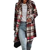 Women's 2022 Plaid Shacket Jacket Casual Button Wool Blend Winter Tartan Trench Coat With Pockets