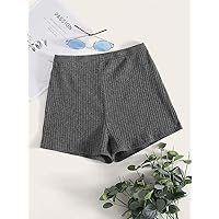 Women's Shorts Elastic Waist Rib-Knit Shorts (Color : Gray, Size : Medium)