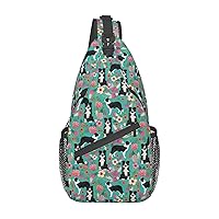 Sling Backpack,Travel Hiking Daypack Border Collie Florals Print Rope Crossbody Shoulder Bag