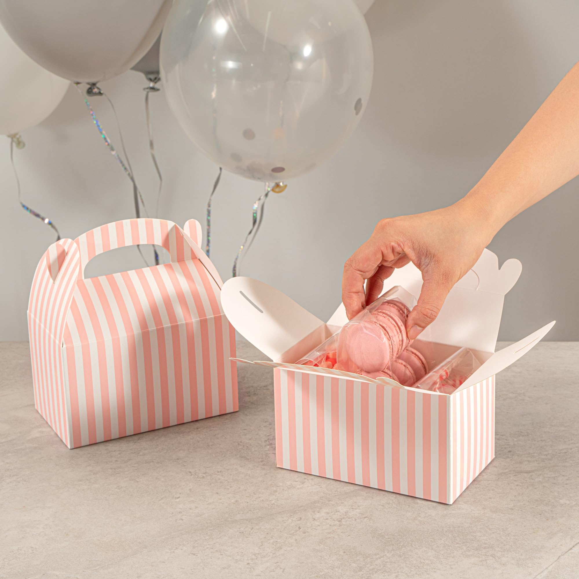 Bio Tek 6 x 3.5 x 3.5 Inch Gable Boxes For Party Favors, 25 Durable Gift Treat Boxes - Striped Design, With Built-In Handle, Pink And White Paper Barn Boxes, Disposable, For Parties - Restaurantware