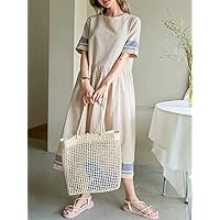 Fall Dresses for Women 2023 Contrast Panel Keyhole Back Smock Dress Dresses for Women (Color : Apricot, Size : Large)