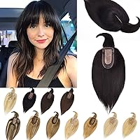 Hair Toppers for Women with Thinning Hair Real Human Hair Silk Base with Bangs Toppers Hair for Women Clip in Hair Toppers with Bangs for Hair Loss Grey Hair 6 Inch #1B Natural Black
