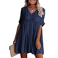 Women'S Summer Deep V Neck Mini Dress Casual Swiss Dot Long Sleeve Skirt Flowy Babydoll Short Pompom Chiffon Dresses