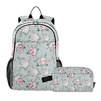 Kids School Backpack with Lunch Box, Floral Pattern Blue Elementary BookBag Set for Girls Boy