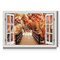 Renditions Gallery Autumn Bridge Open Window Wall Art, Orange Fall Tree Artwork, Bright Beautiful Nature, Premium Gallery Wrapped Canvas Decor, Made in America Print,AZS-WC17-17748W-R-MK