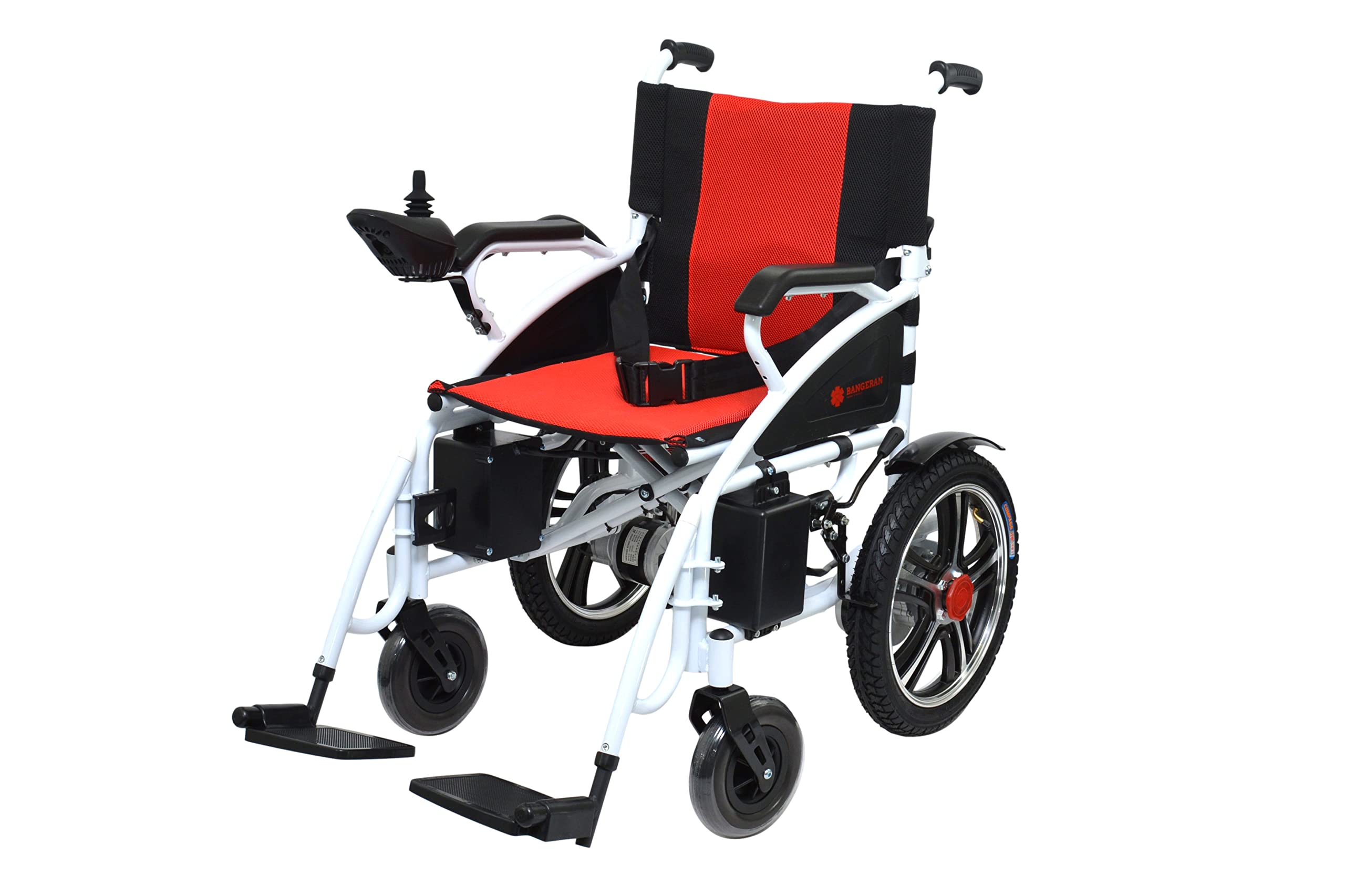 Mobilitas Z Foldable, Compact, Portable Electric Wheelchair for Adults and Seniors, Lightweight Power Wheelchair in Affordable Category, Silla de Ruedas Electrica, Dual Motor (White on Red)