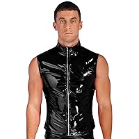 FEESHOW Men Shiny Leather Stand Collar Jacket Tank Tops Motorcycle Club Vest Waistcoats Shirt