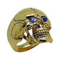 14K Solid Yellow Gold Heavy Skull Sapphire Ring Biker Men Harley Masonic SK03SAPY14K