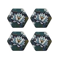 Hand Painted Flowers Leather Coasters Set of 4 Waterproof Heat-Resistant Drink Coasters Hexagon Cup Mat for Living Room Kitchen Bar Coffee Decor