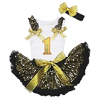 Petitebella Sequins 1st White Shirt Black Gold Sequins Baby Skirt Outfit 3-12m