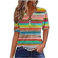 Womens Workout Tops Casual Printed Cute Graphic Tee Shirts Summer Fashion V Neck Button Short Sleeve Blouses