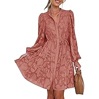 MITILLY Women's Elegant Floral Long Sleeve V Neck Button Down Loose Flowy Tiered Mini Dress with Belt