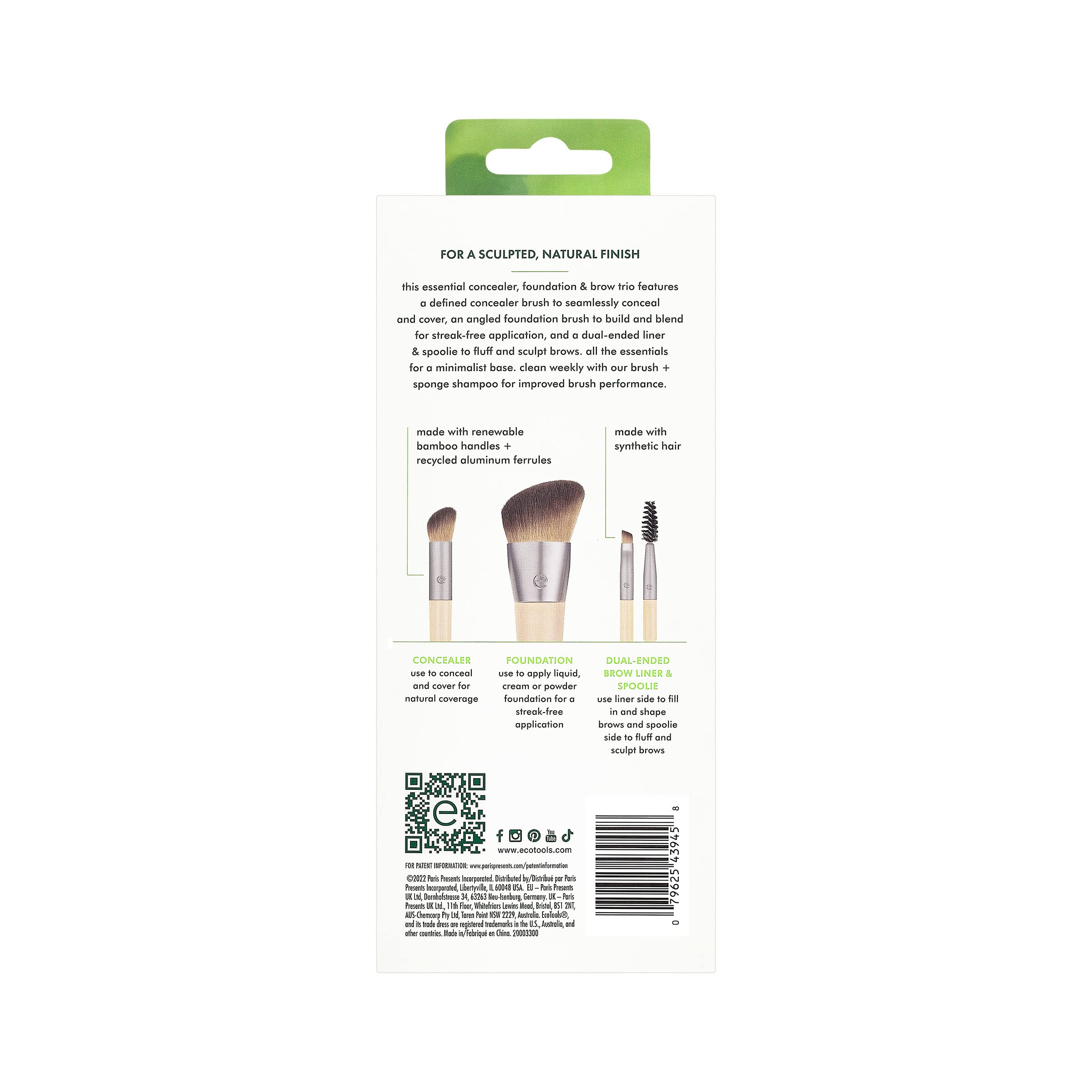 EcoTools New Natural Conceal, Enhance, & Sculpt Trio, Makeup Brushes For Foundation, Concealer, & Brows, Dense, Synthetic Bristles For Sculpting Face, Vegan & Cruelty-Free, 3 Piece Set
