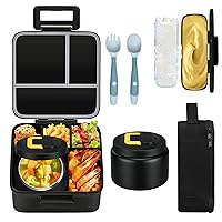 MAISON HUIS Kids Bento Lunch Box Set With 8oz Soup Thermo, Leakproof Lunch Containers with 5 Compartment, Thermo Hot Food Jar and Insulated Lunch Bag, BPA Free,Travel, School -Black