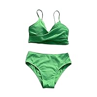 Girl's 2 Piece Swimsuits Sleeveless Tiwst Front Wireless High Waisted Bathing Suit Cute Bikini Set