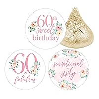 Pink Floral 60th Birthday Party Favor Stickers - Chocolate Kisses Candy Labels - 180 Count, 60th Birthday Decorations for Women