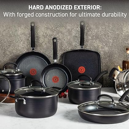 T-fal Ultimate Hard Anodized Nonstick Cookware Set 14 Piece Pots and Pans, Dishwasher Safe Black