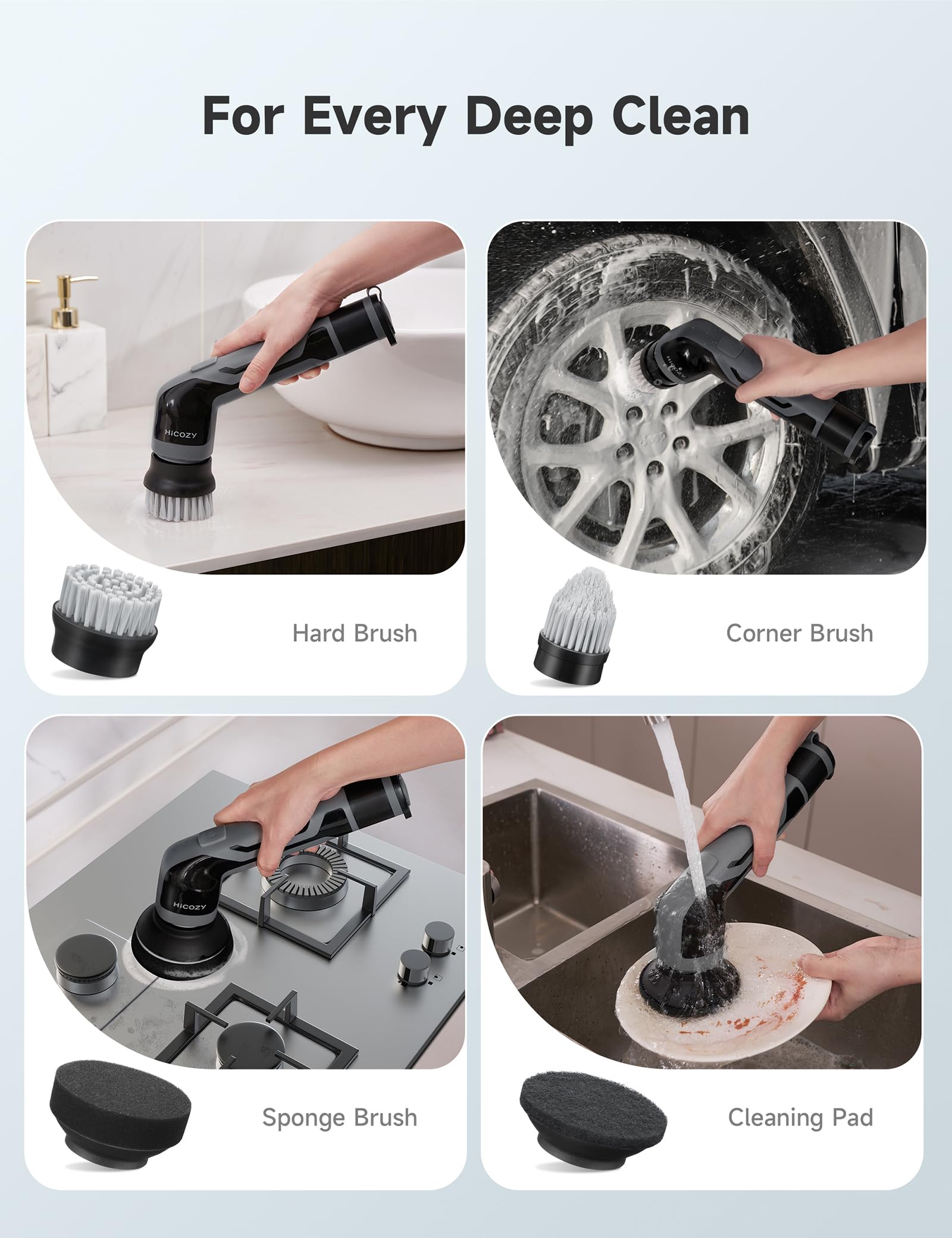 HiCOZY Electric Spin Scrubber HSE1, Power Cordless Scrubber for Cleaning Kitchen Bathroom Car Tile Grill with 2 Adjustable Speeds, 4 Replaceable Brush Heads Black