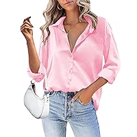 Hotouch Satin Silk Women Button Down Shirt Long Sleeve V Neck Casual Loose Work Office Blouse Tunic Tops