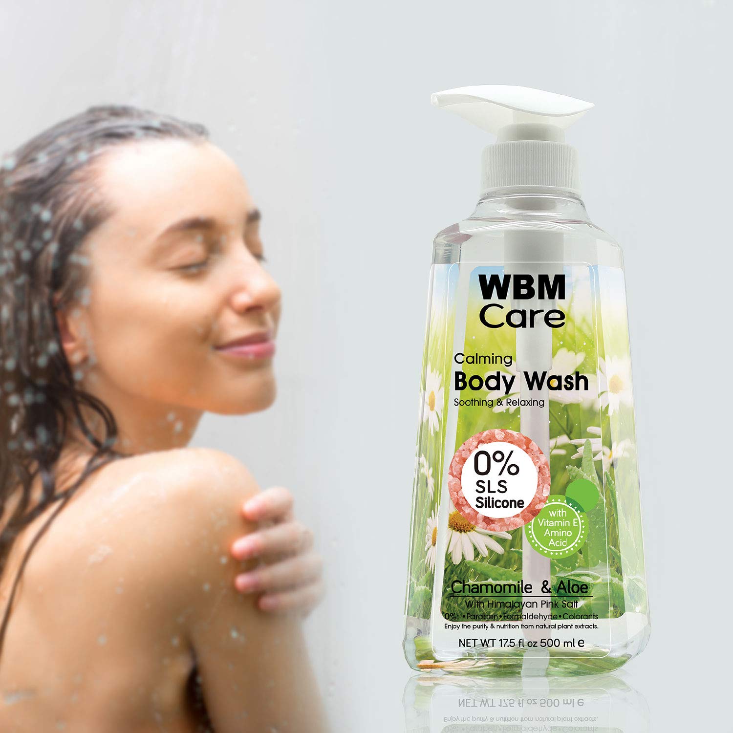 WBM Care Natural Body Wash, Rich in Chamomile & Aloe with Himalayan Pink Salt, Calming & Relaxing, Liquid Shower Gel, 17.5 Oz