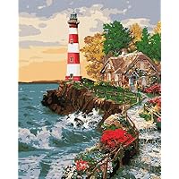IDEYKA Painting by Numbers The House at the Lighthouse is 40 x 50 cm with Wooden Frame Complete Set Holiday Gifts DIY Acrylic Painting