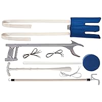 Dressing Kit, Deluxe Dressing Aid, Knee and Hip Replacement Kit, With Sock Aid, No Tie Shoelaces, Dressing Stick, Long Handled Sponge, Reacher Grabber, and Shoe Horn, Blue and White