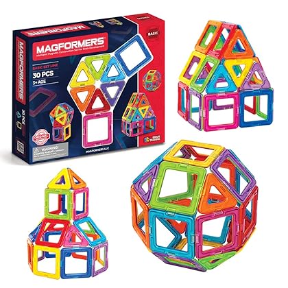 Magformers Basic Set (30 pieces) magnetic building blocks, educational tiles, STEM toy - 63076 , Rainbow