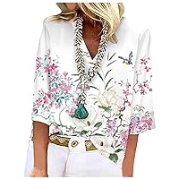 Womens Loose Beautiful Shirt Cute Beach Print Lightweight Fashion Shirts V Neck Regular 3/4 Sleeve Comfy Tunic Tops