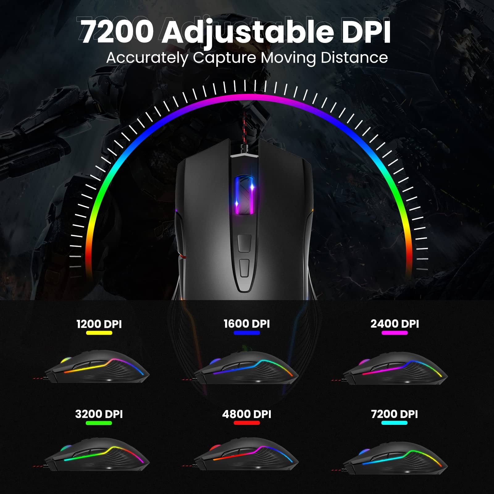 Gaming Mouse Wired, RIIKUNTEK Computer Mouse with 7 Programmable Buttons(One-Key Fire/Desktop), 7200 DPI, 12 Backlits , Ergonomic Optical USB Game Mouse with Side Buttons for PC, Laptop Black