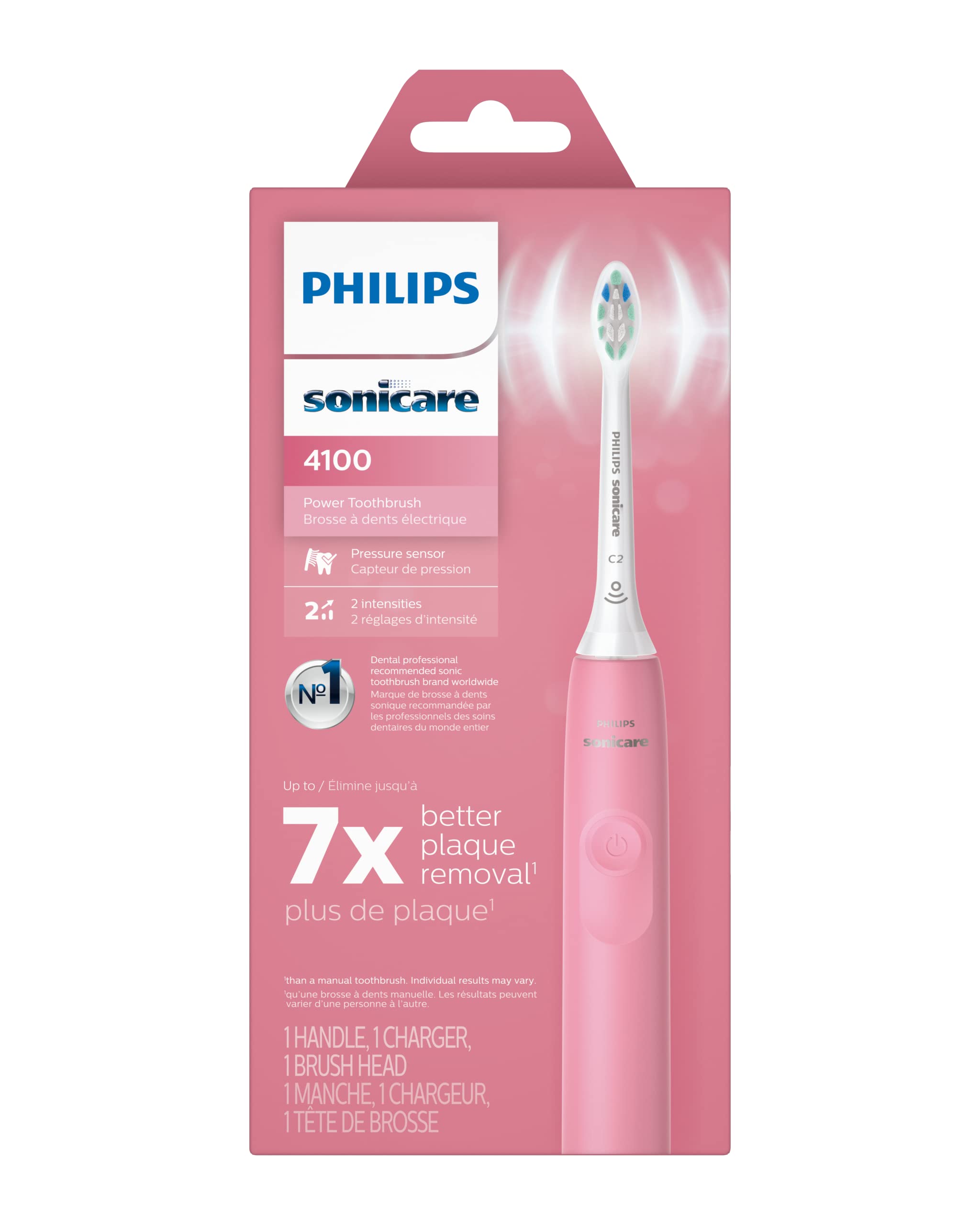 PHILIPS Sonicare 4100 Power Toothbrush, Rechargeable Electric Toothbrush with Pressure Sensor, Deep Pink HX3681/26